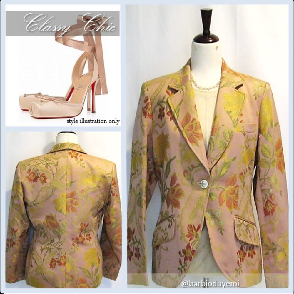 Floral Harve Benard blazer and Lululemon gently swooshed mesh blouse.